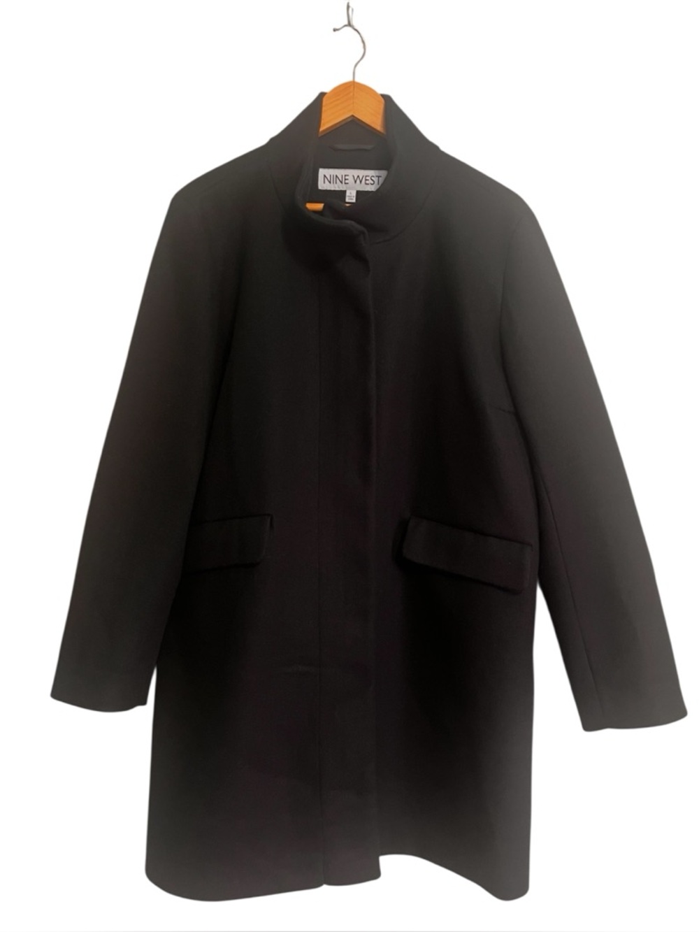 Nine West Black Minimal Collarless Coat